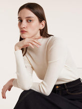 A lady wears a machine-washable sweater.